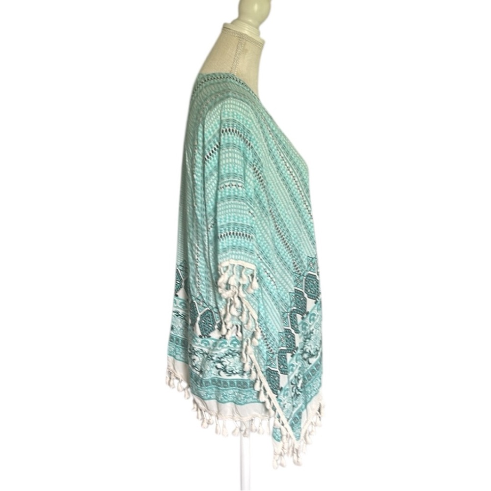 Bobbie Brooks Aqua & White Patterned Open Front Kimono White fringe One Size - Picture 6 of 14